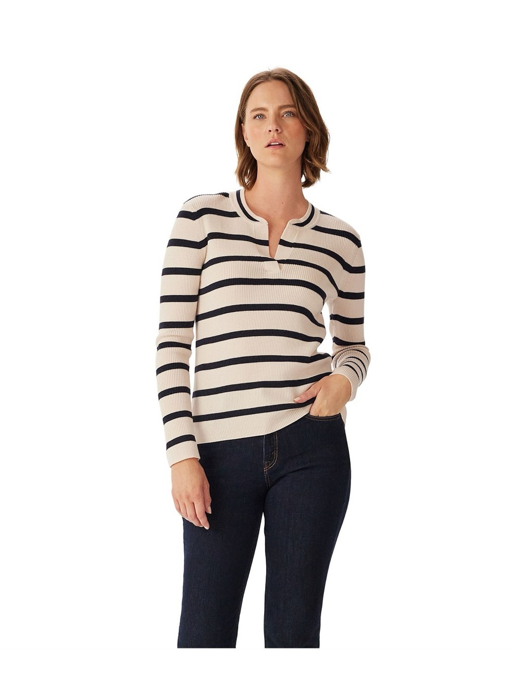 R.M. Williams Pink and Navy Stanwell Henley Merino Knit